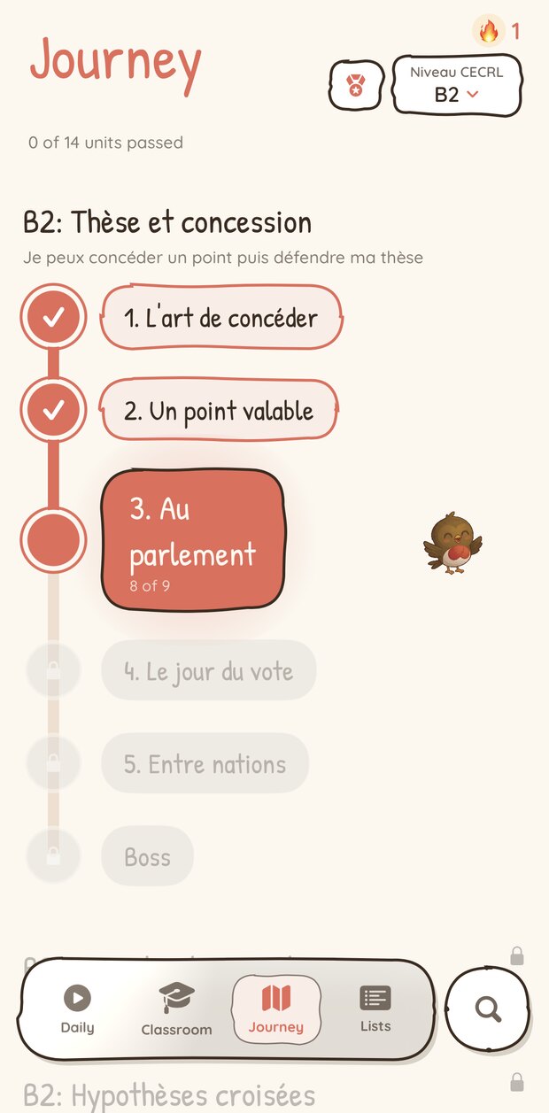 Parcours Journey de Pico Picks au niveau B2, avec les unités validées et celles à venir