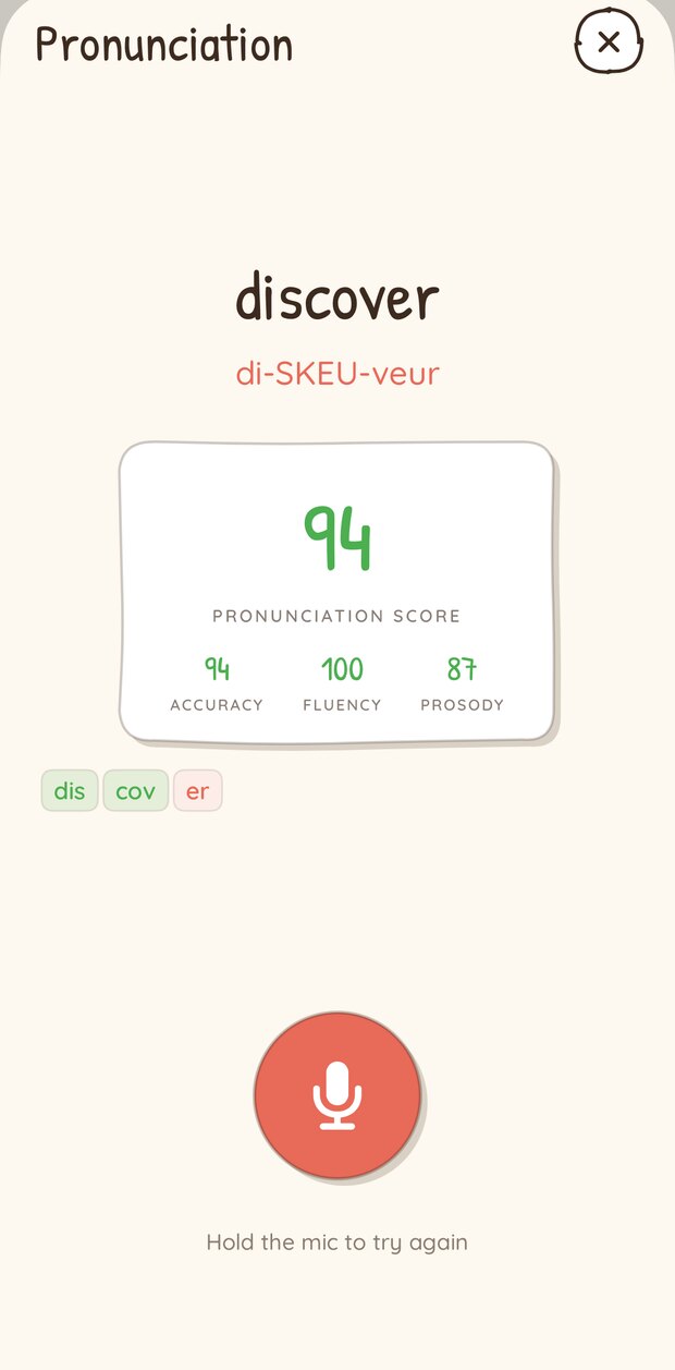 Écran de prononciation de Pico Picks affichant un score de 94 avec le détail par syllabe
